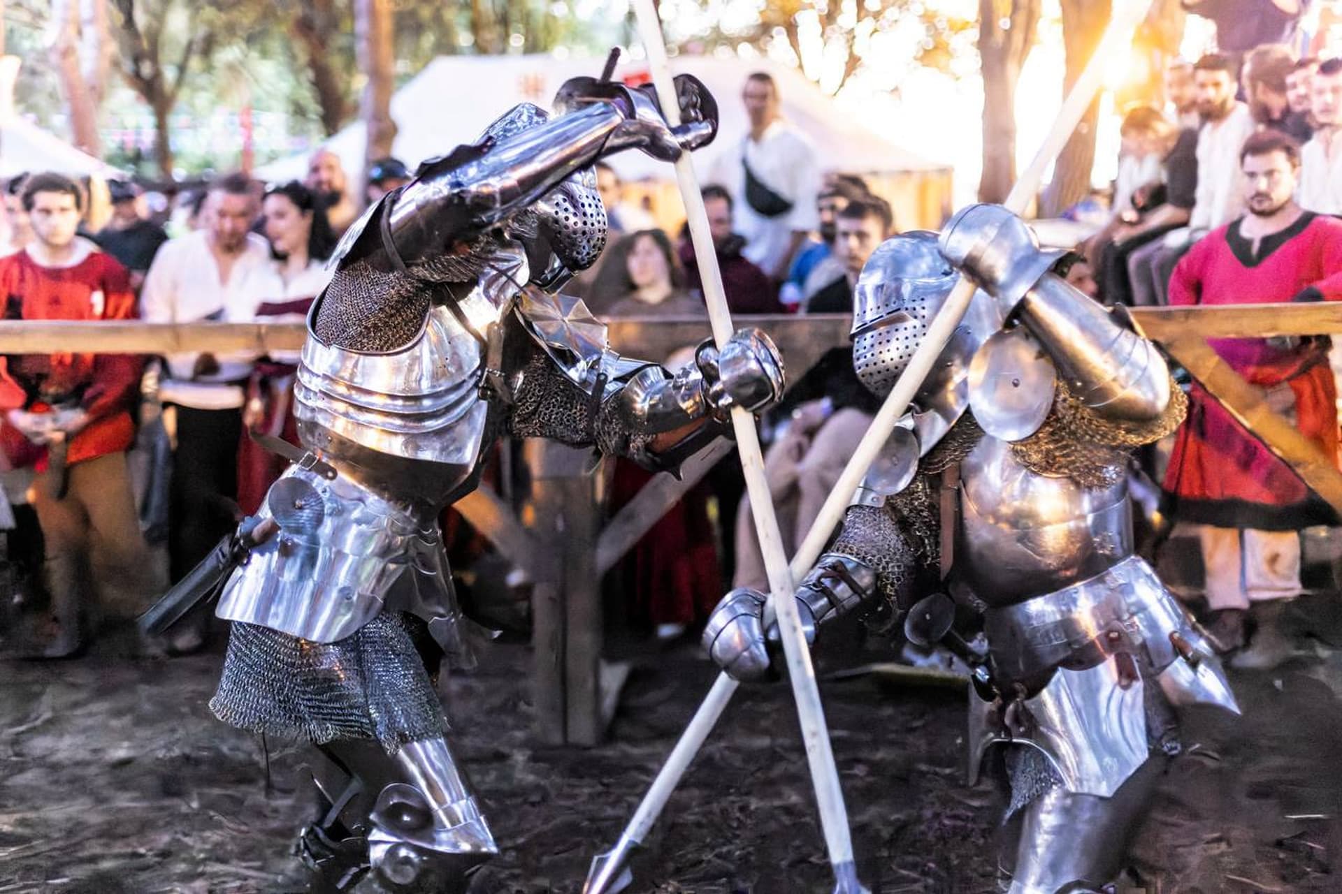 Two armoured participants competing at a medieval reenactment event
